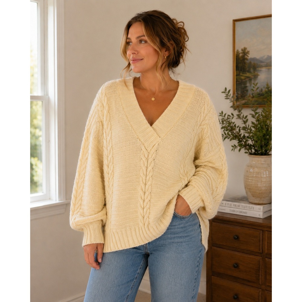 VTG St Michael Cable Knit Sweater Womens Large Yellow Pure British Wool UK Made